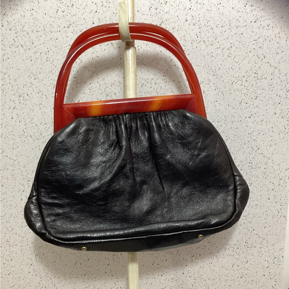 VINTAGE 1960's Black Handbag Art Deco Tortoise Shell Bakelite Lucite Handles Mod